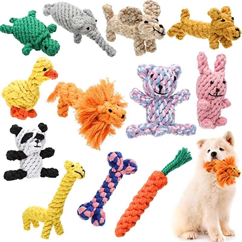 A variety of colourful, woven rope dog toys shaped like animals, a bone and a carrot, ideal for dental play.