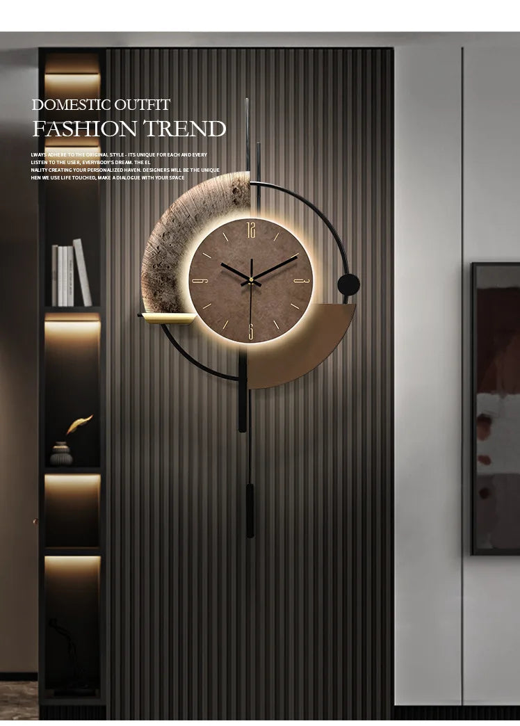 Modern minimalist wall clock with a backlit brown circular face, pendulum, and stylish abstract metal frame.