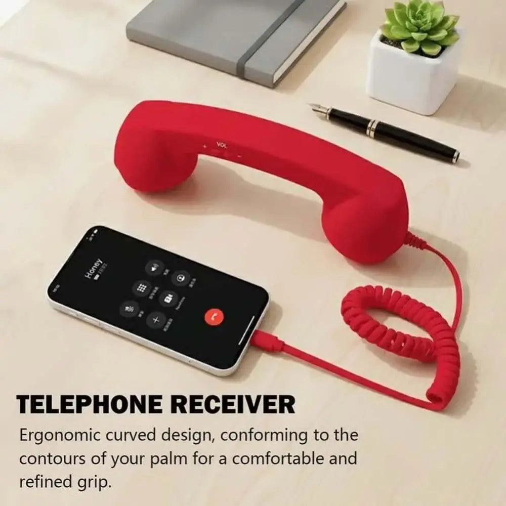 Red retro-style telephone handset with a coiled cord, connected to a smartphone for comfortable hands-free calling.