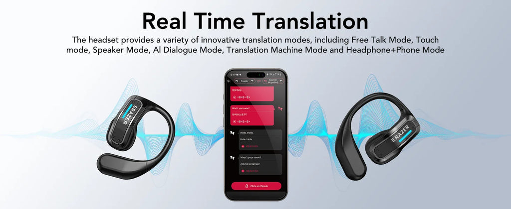 Black ear-hook translation headphones flanking a smartphone showing a real-time translation app interface.