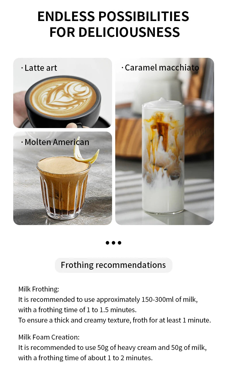 Three images showing latte art in a black mug, a caramel macchiato, and a coffee in a textured glass.