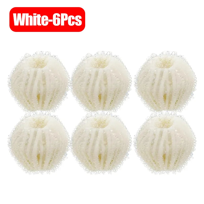 Set of six white, textured spherical laundry balls for lint and hair removal in the washing machine.
