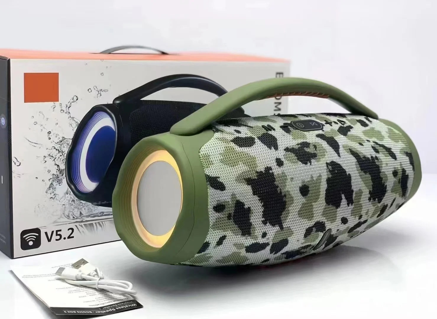 Portable, waterproof 100W Bluetooth speaker in camouflage print with an olive handle and vibrant RGB side lighting.
