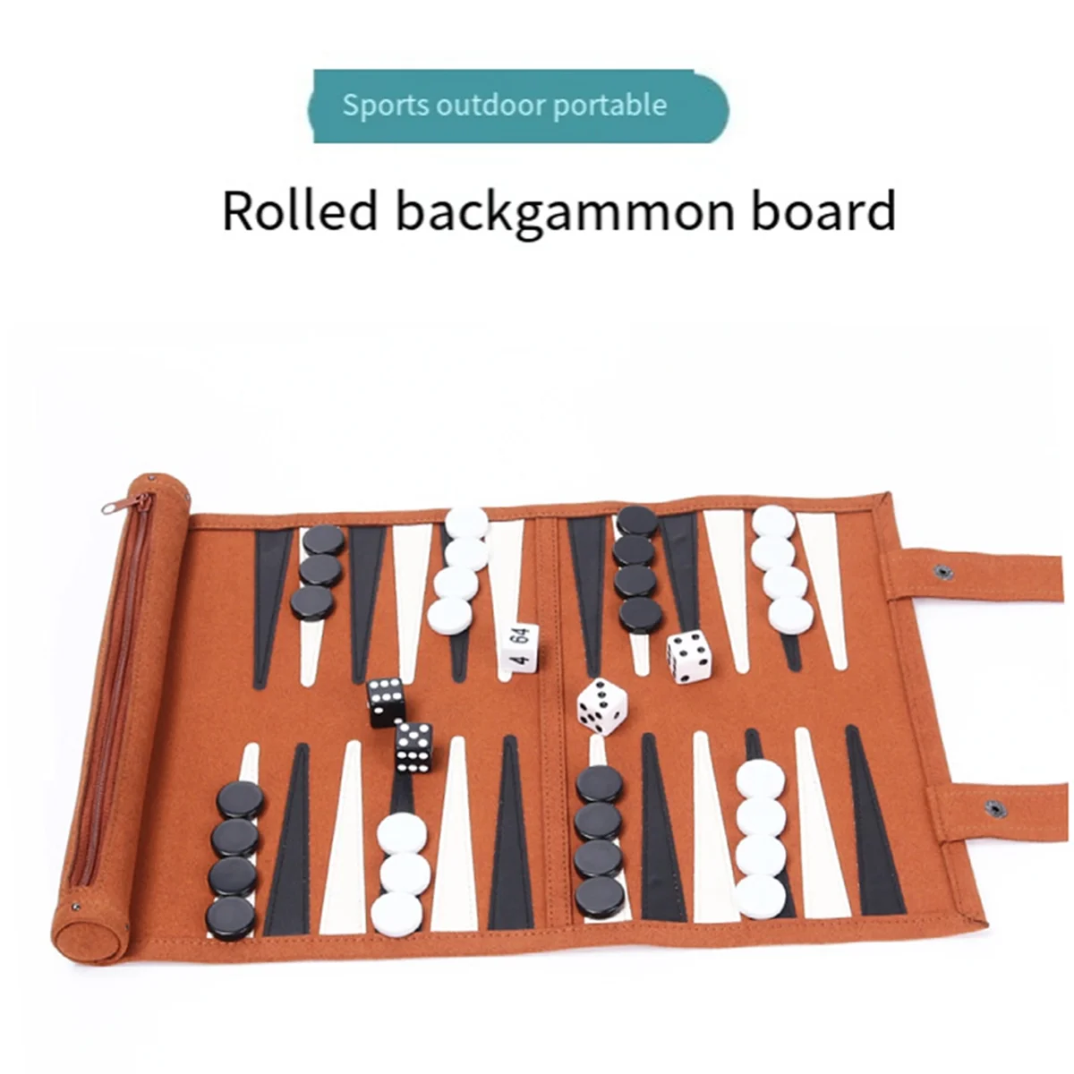 Brown roll-up fabric backgammon board with black and white points, playing pieces, and dice.