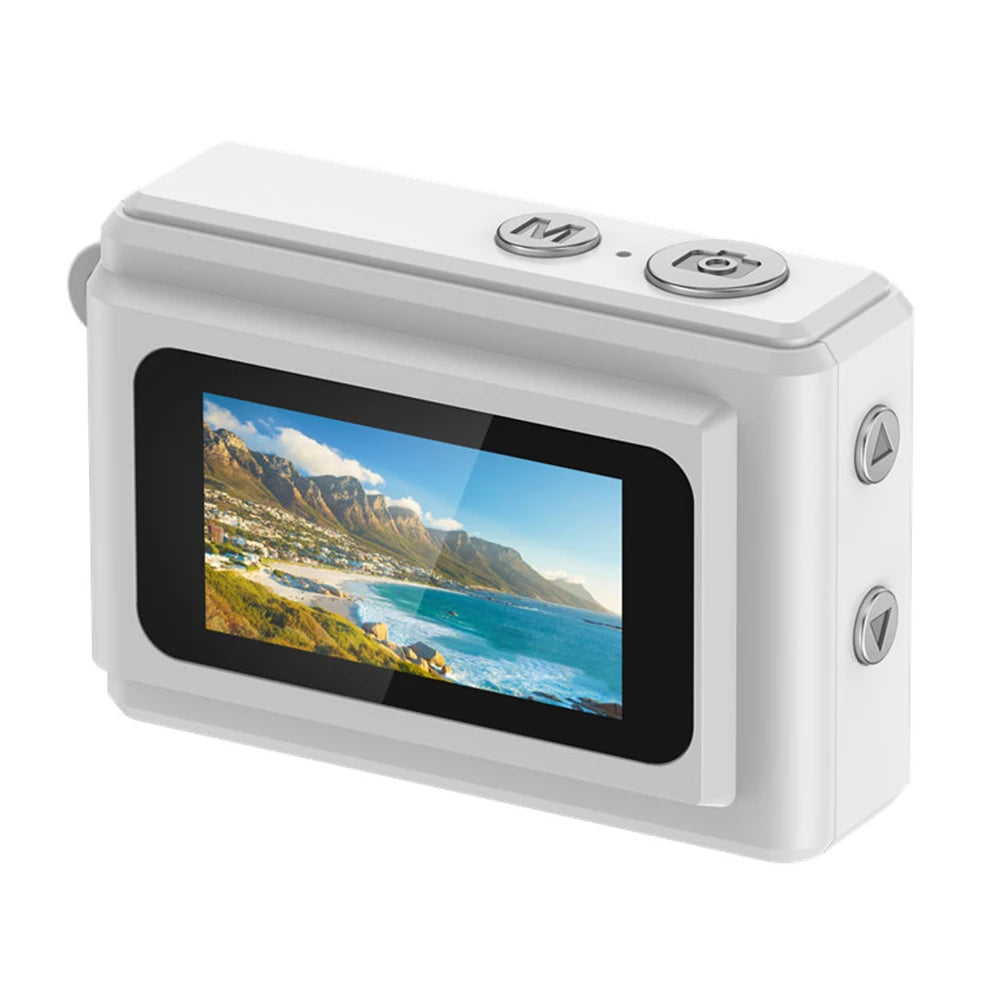 White plastic action camera with a rear LCD display screen showing a beach landscape and silver top-mounted buttons.