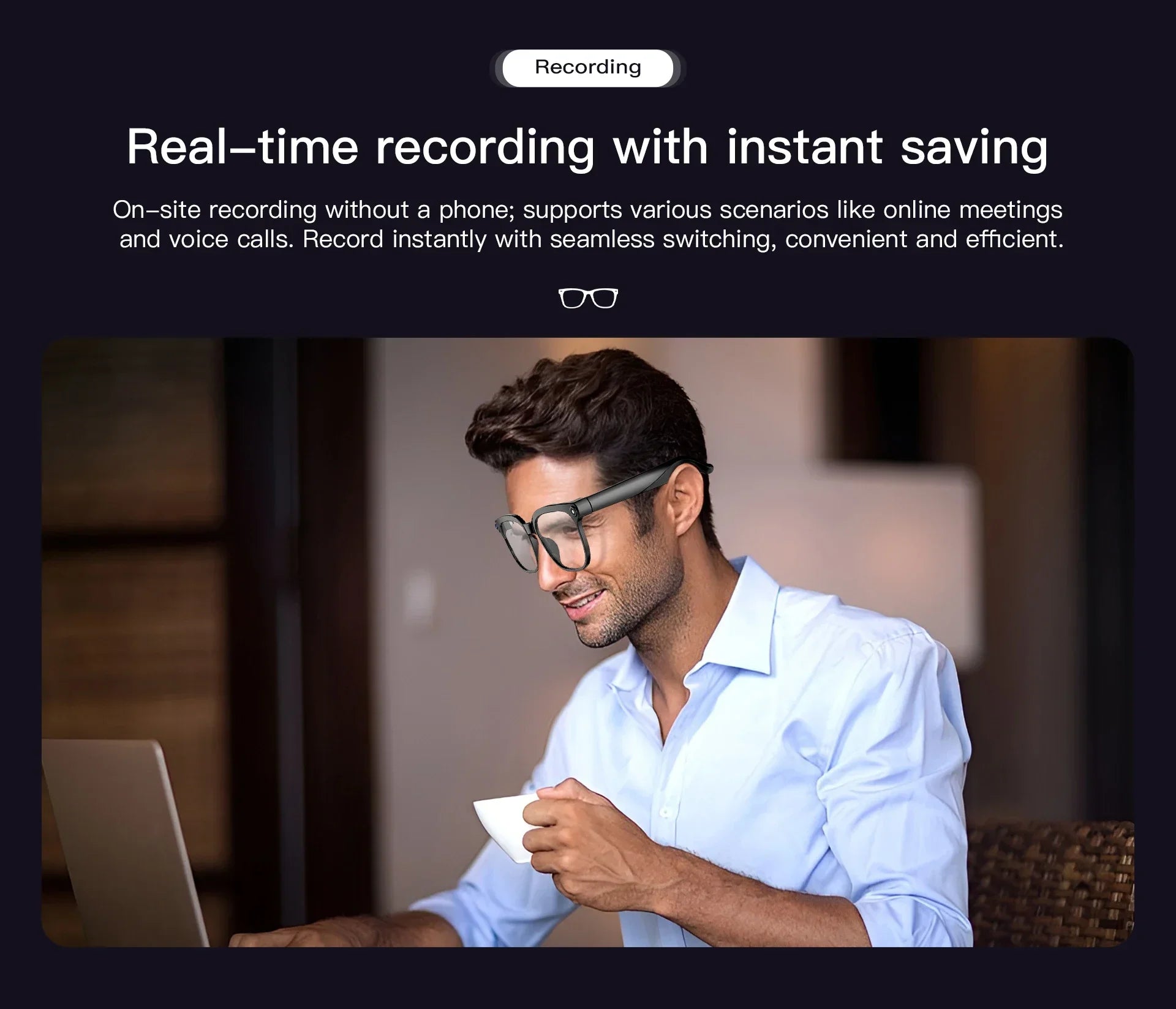 Man wearing sleek black smart AI translation glasses with a built-in 4K camera while using a laptop.