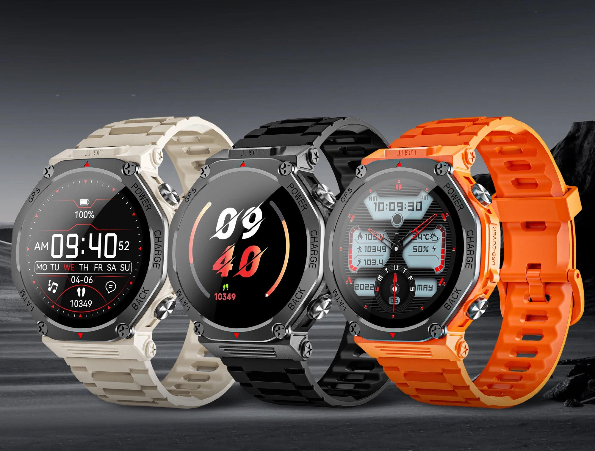 Three rugged smartwatches in beige, black, and orange, featuring circular digital displays and textured silicone straps.