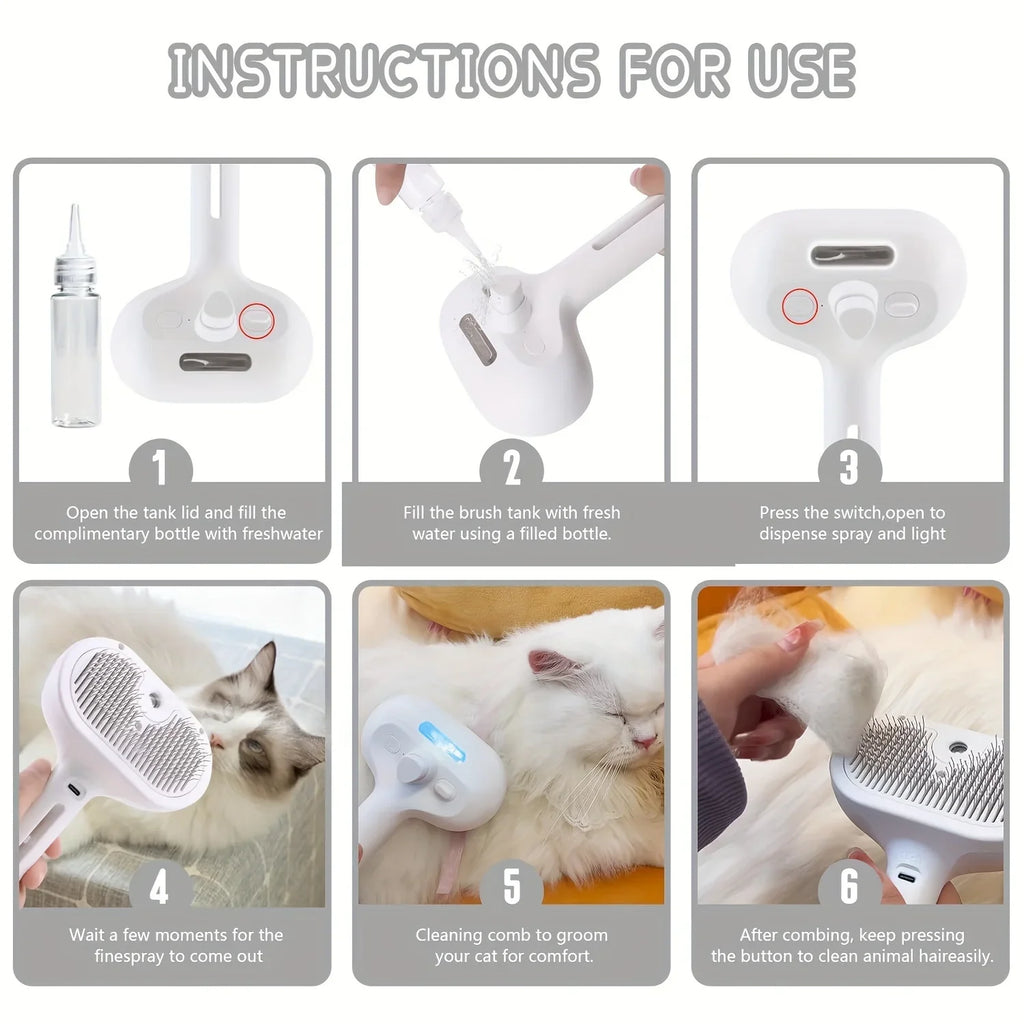 Six-step infographic showing how to use a white, steam-mist pet grooming brush on a fluffy cat.
