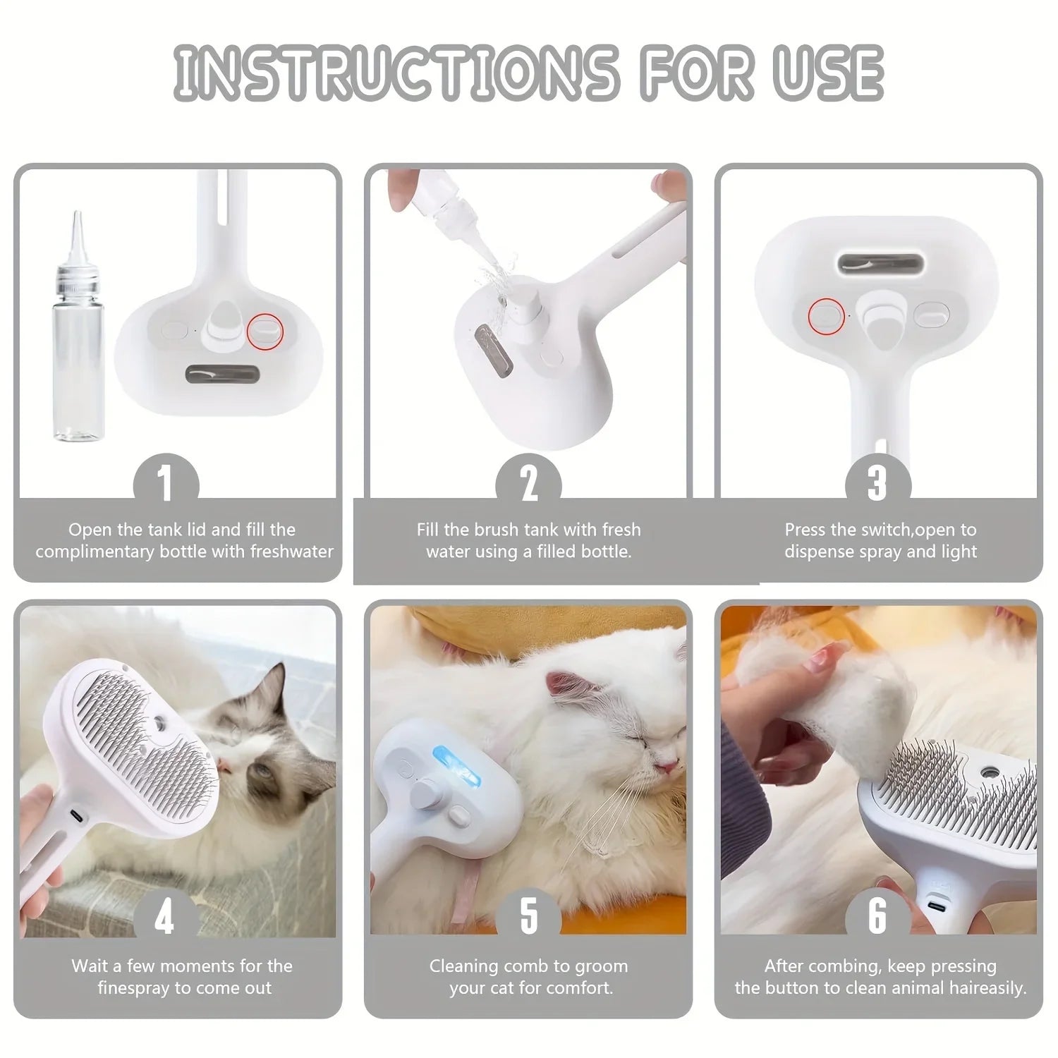 Six-step infographic showing how to use a white, steam-mist pet grooming brush on a fluffy cat.