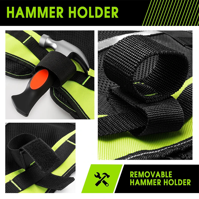 Close-up of a black and neon yellow tool vest featuring a sturdy, removable fabric loop for holding a hammer.
