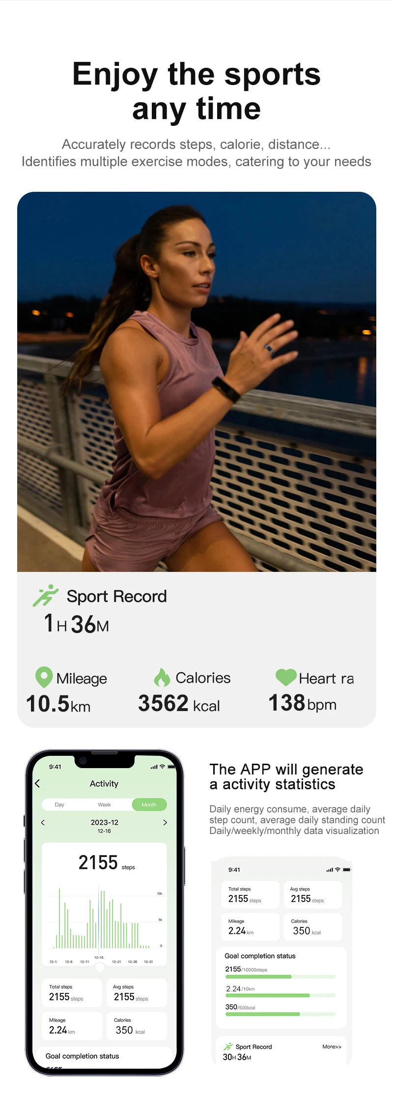 A woman jogging wearing a sleek, black smart health tracking ring, paired with a mobile app showing fitness stats.