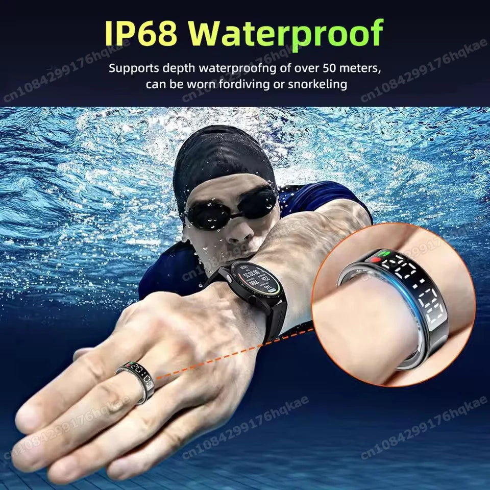 Sleek black waterproof smart ring with digital display worn by a swimmer underwater.
