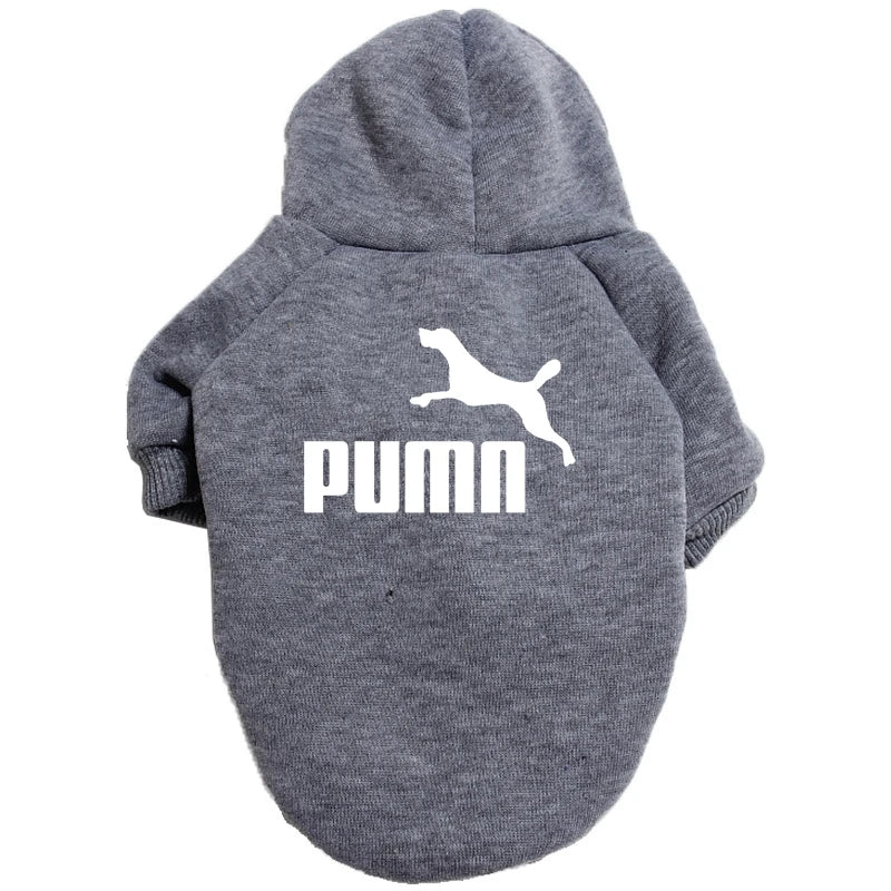 Grey casual dog hoodie with a white leaping animal graphic and long sleeves, made from soft, warm material.