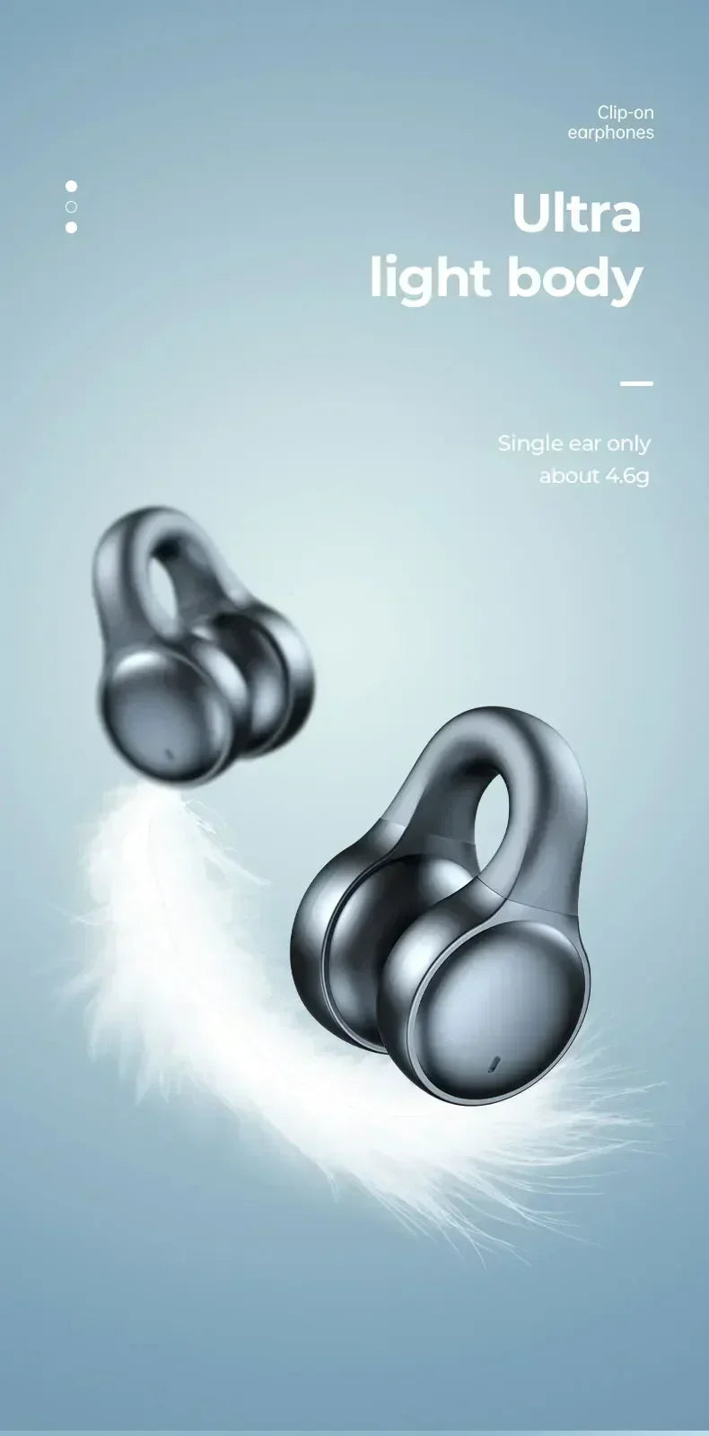 Dark grey, lightweight clip-on earphones floating next to a white feather against a light blue background.