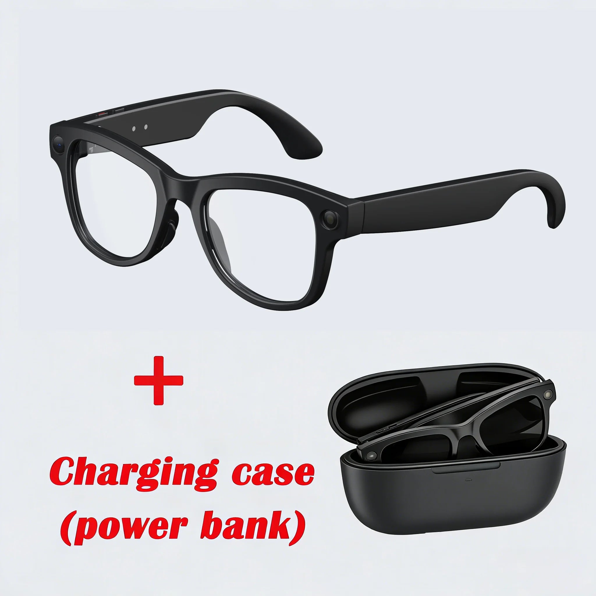 Black smart glasses with built-in camera and audio, shown with a matching protective charging case.
