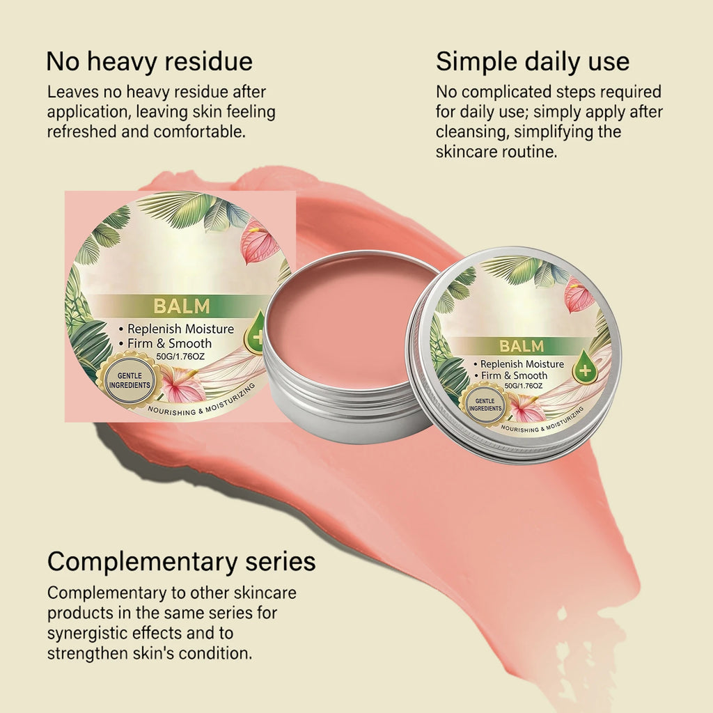 Open round tin of pink moisturizing balm with a botanical leaf design on the lid, shown with a product smear.