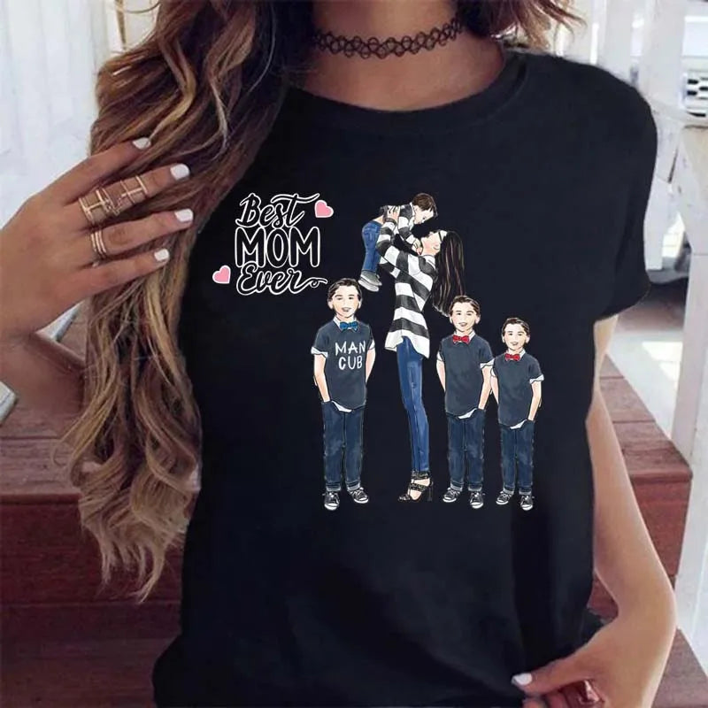 Black T-shirt featuring a "Best Mom Ever" graphic with a mother holding her four sons.