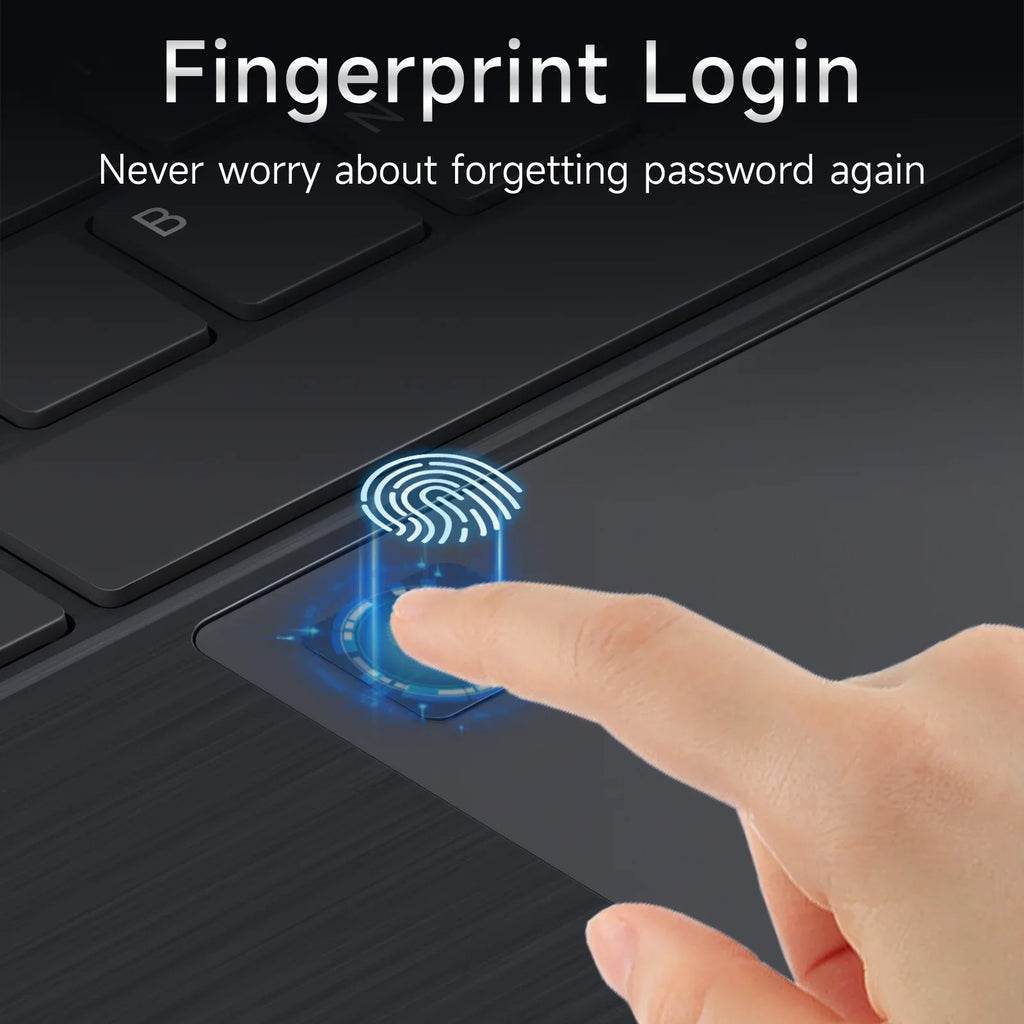 Close-up of a finger using the secure fingerprint sensor on a sleek, dark grey 15.6-inch laptop.