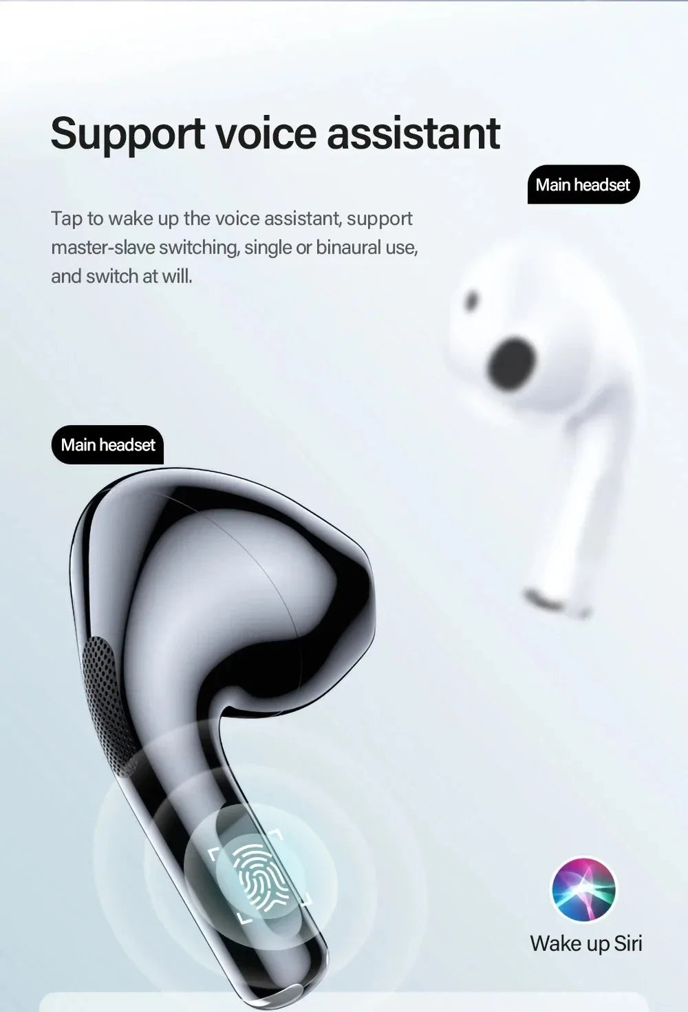 A shiny black wireless earbud with touch control, floating against a light background. Text highlights voice assistance.
