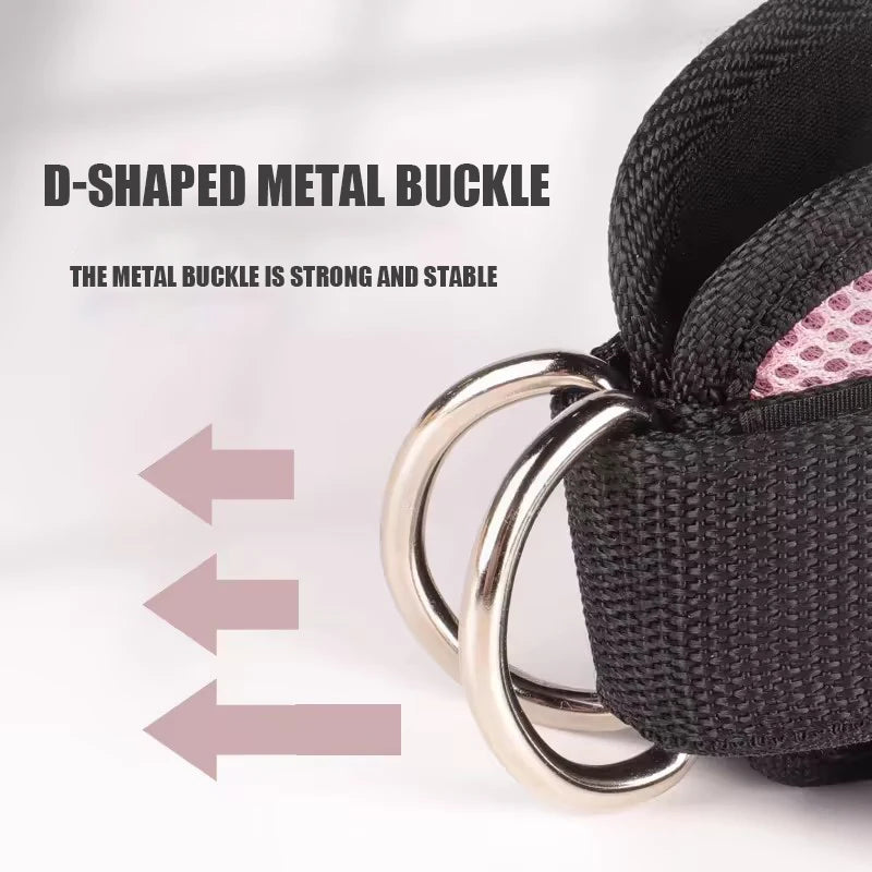 Close-up of a black padded ankle strap featuring two durable, silver-coloured D-shaped metal buckles.