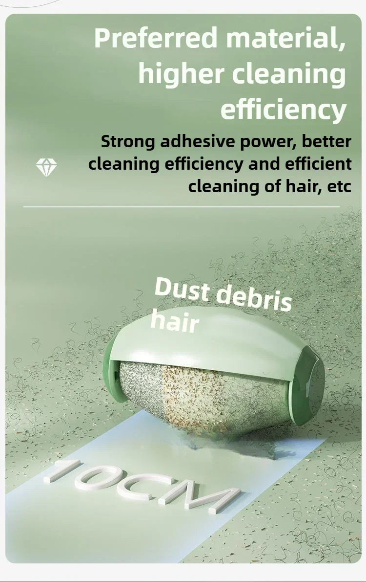 Sage green lint roller picking up dust and hair from a surface, with marketing text overlay.