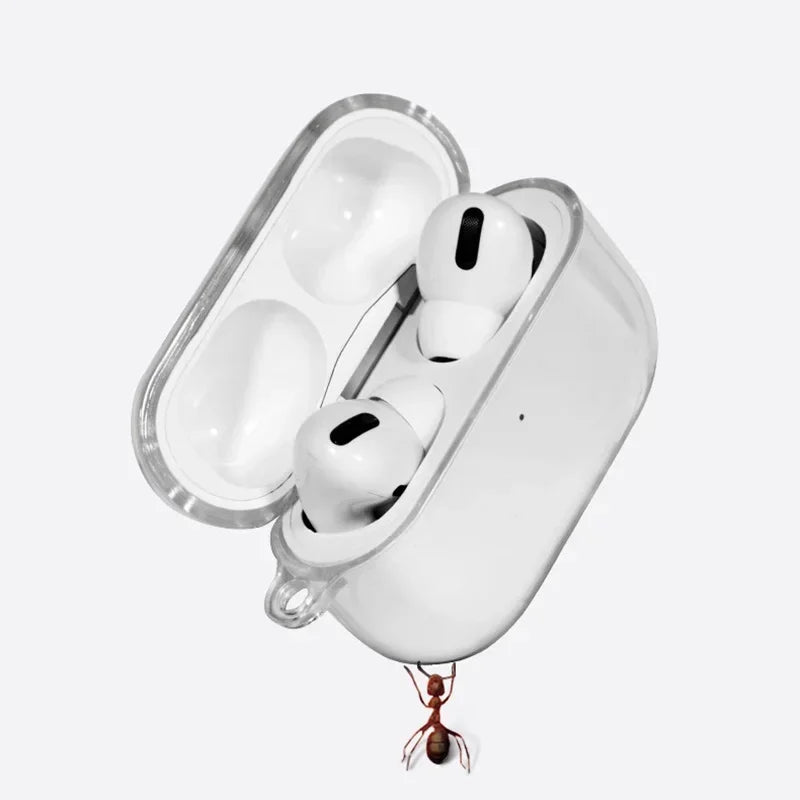 Clear protective case for AirPods Pro, shown open with earbuds inside, being held by an ant.