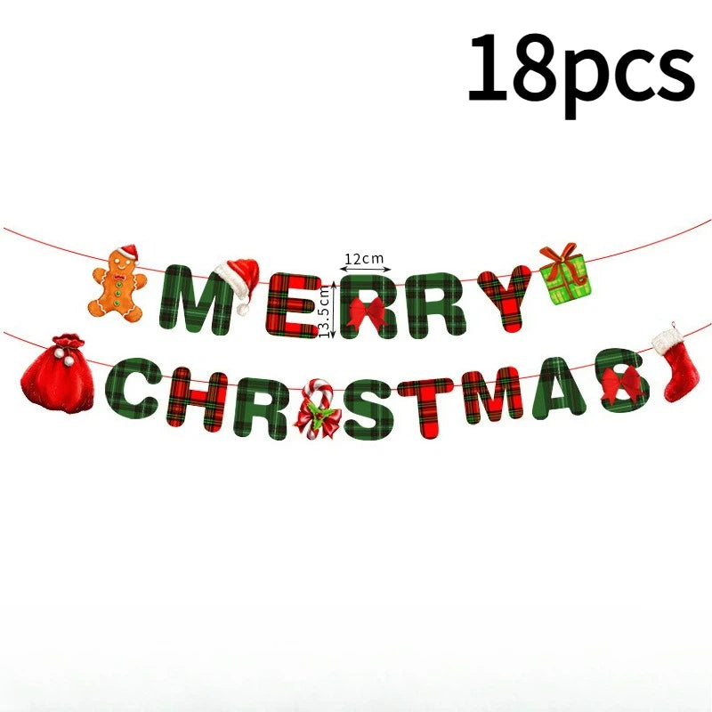 18-piece Merry Christmas banner featuring festive red and green tartan letters, decorated with seasonal icons.