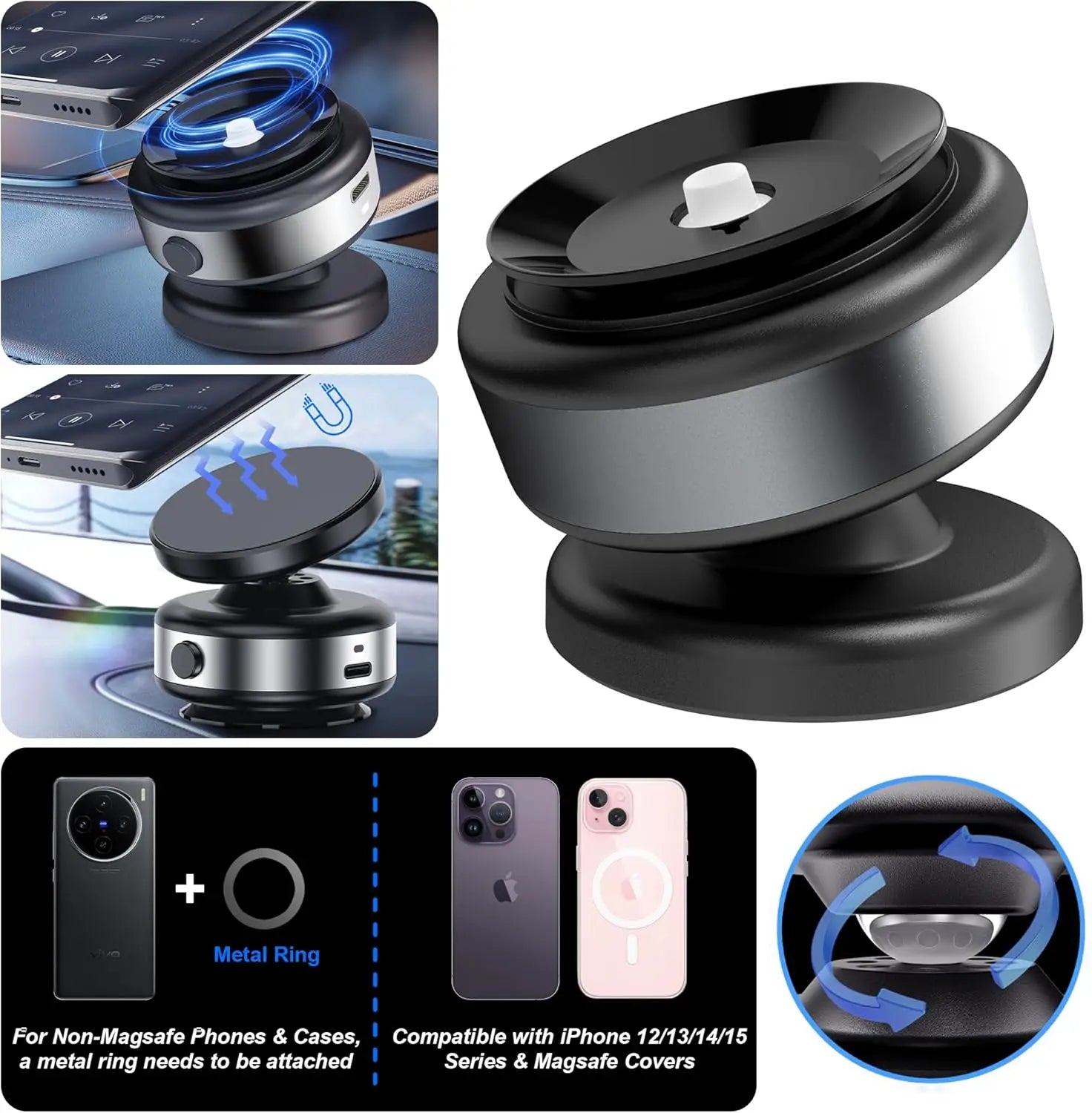 Black and silver magnetic phone car mount with 360-degree rotation, shown with metal rings and mobile device compatibility.