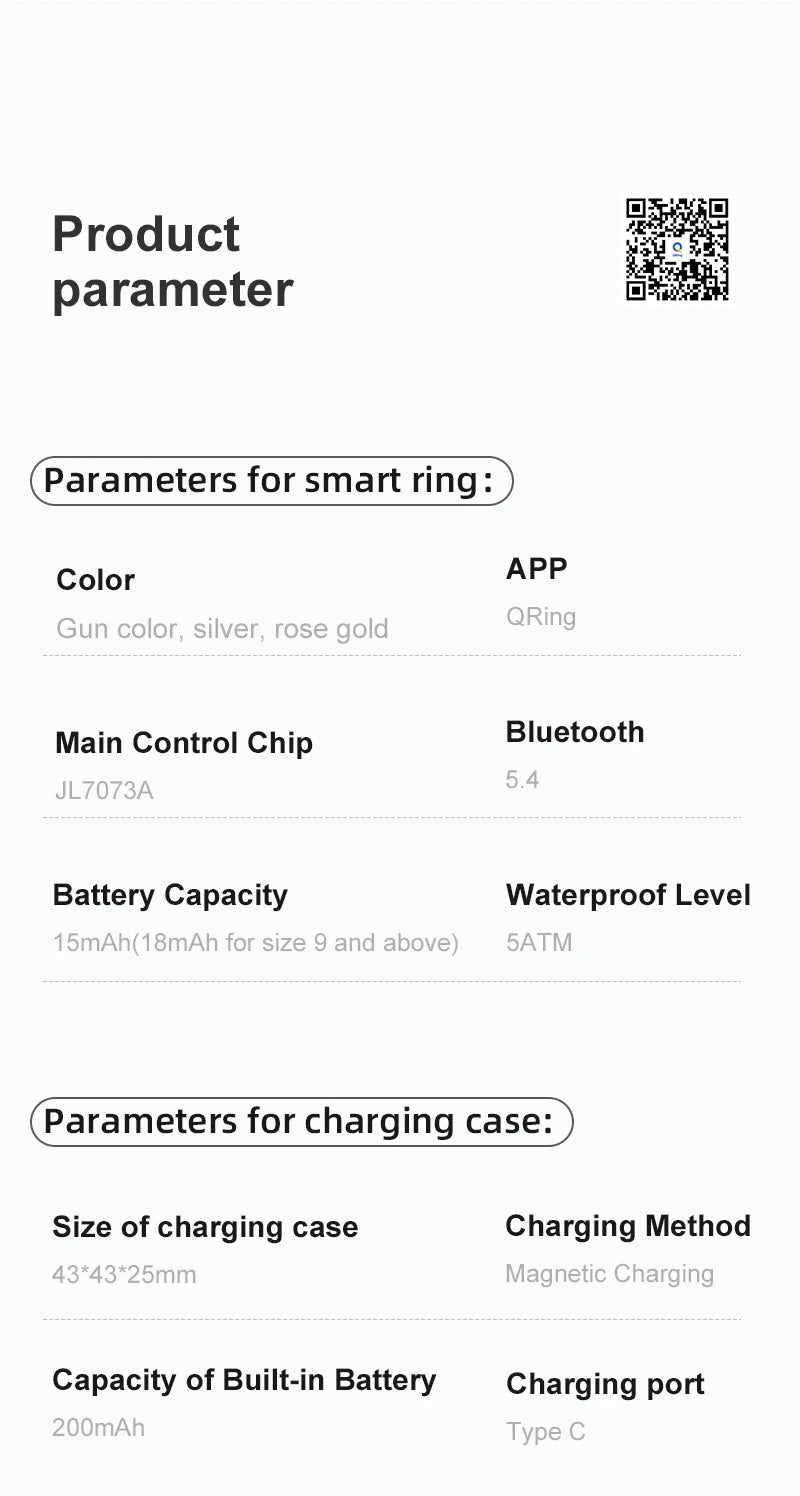 Technical specifications for the Smart Health & Fitness Ring, including colours, battery life, and charging details.