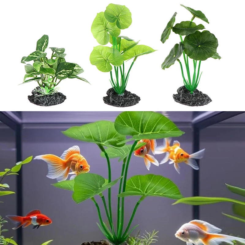 Three artificial aquarium plants with dark rocky bases and green leaves, shown alone and inside a goldfish tank.
