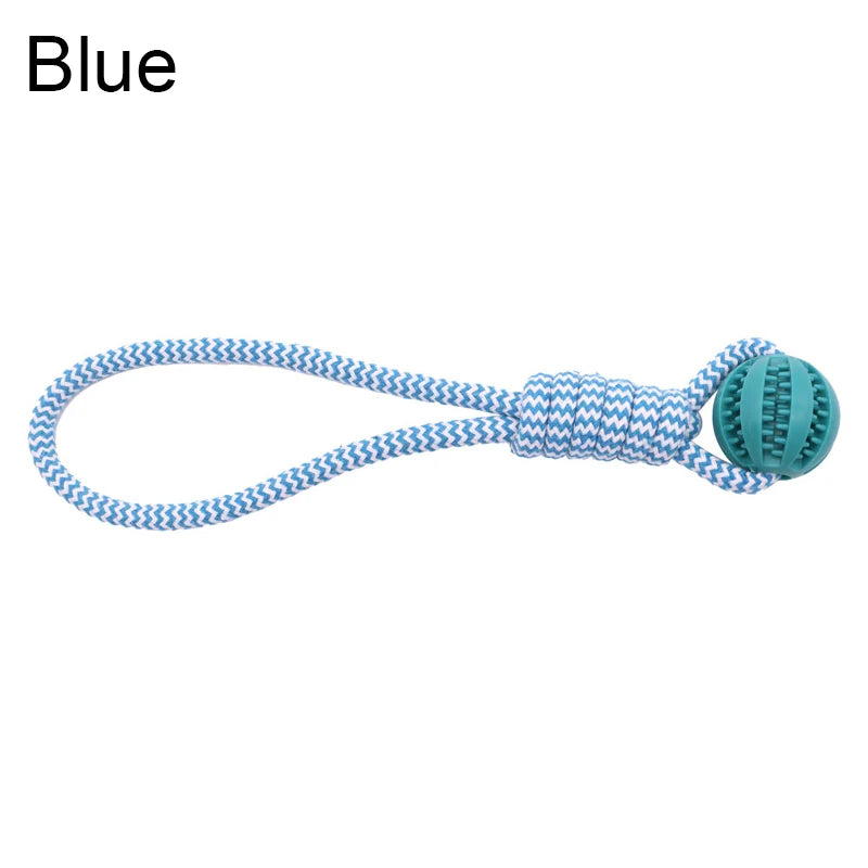 Blue and white chevron patterned rope toy with an attached teal rubber feeding ball.
