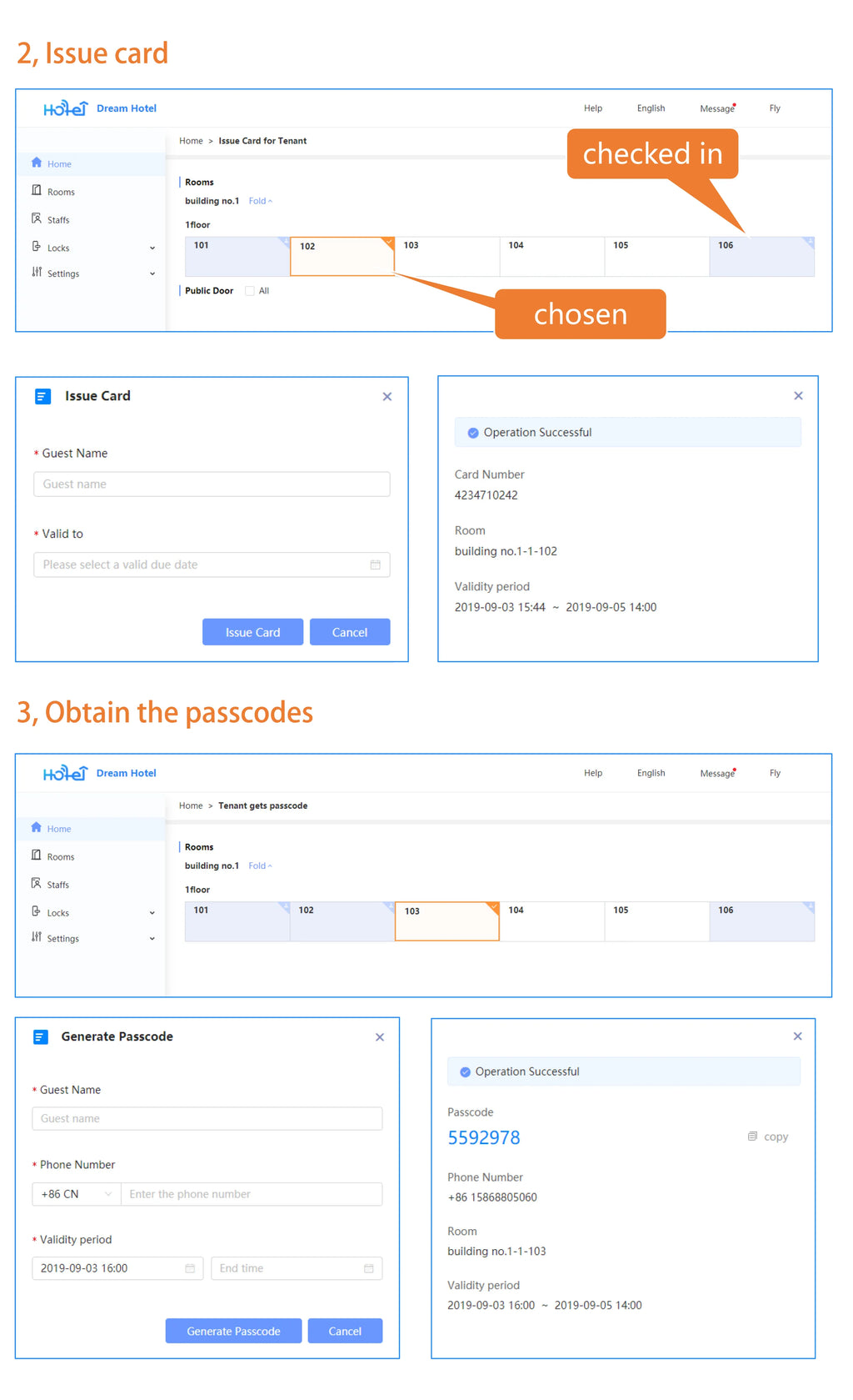 Software interface showing steps for issuing hotel key cards and generating passcodes for room access.