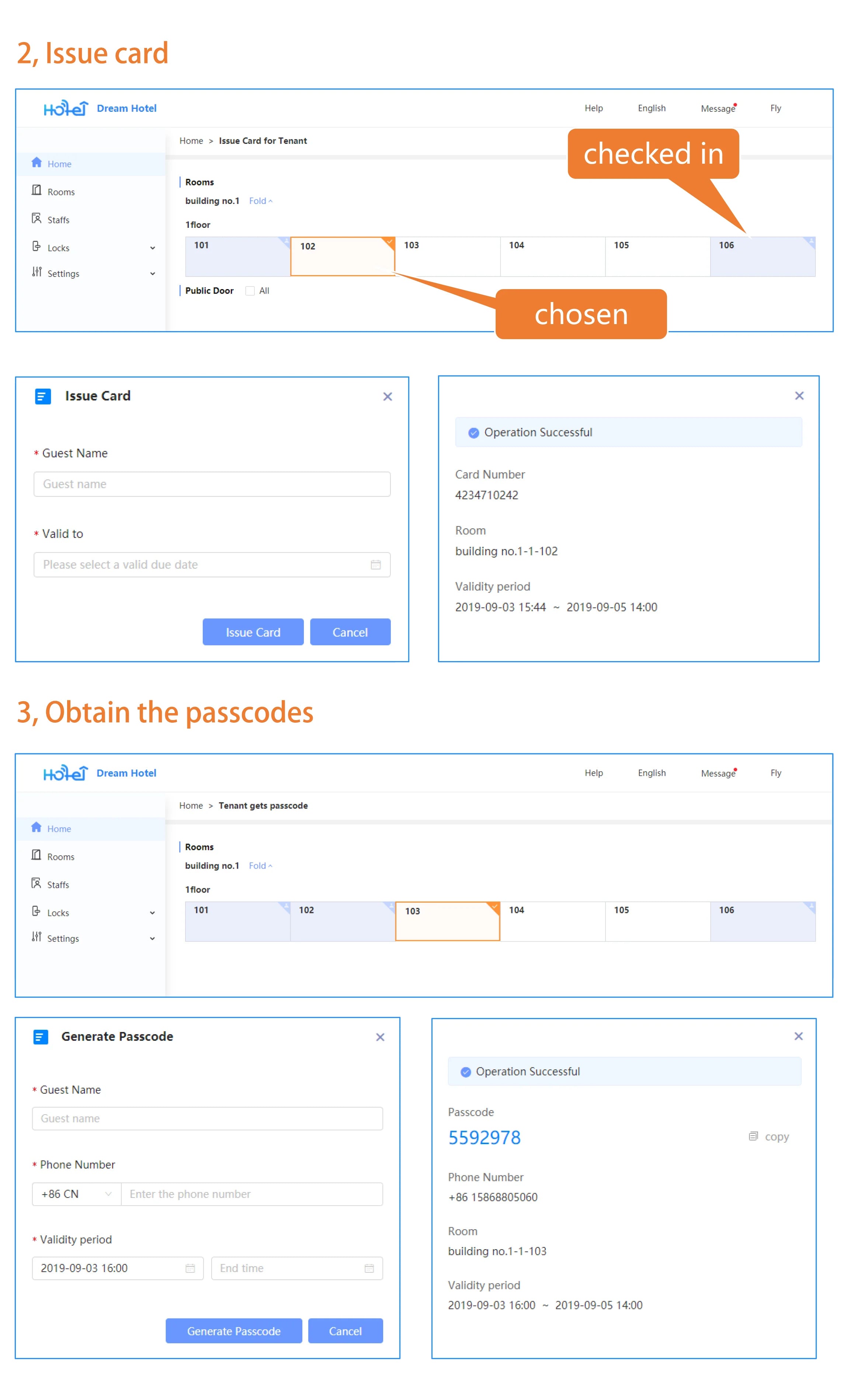Software interface showing steps for issuing hotel key cards and generating passcodes for room access.