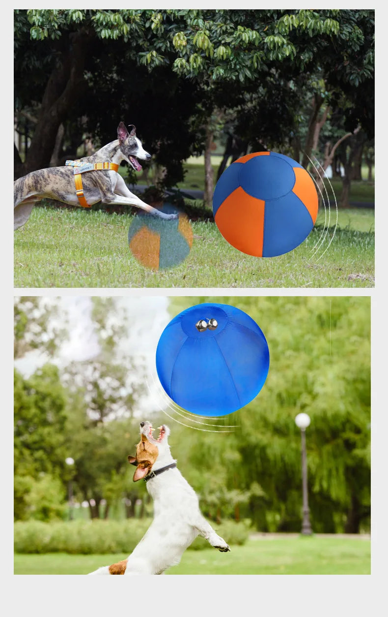 Blue and orange fabric dog training balls being chased and caught by dogs in a park.