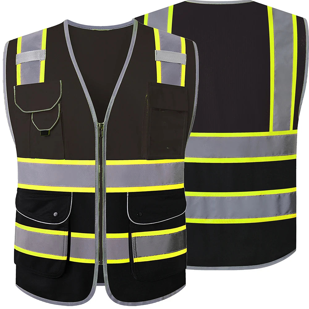 Black workwear utility vest featuring zip fastening, multiple front pockets, and high-visibility reflective strips.