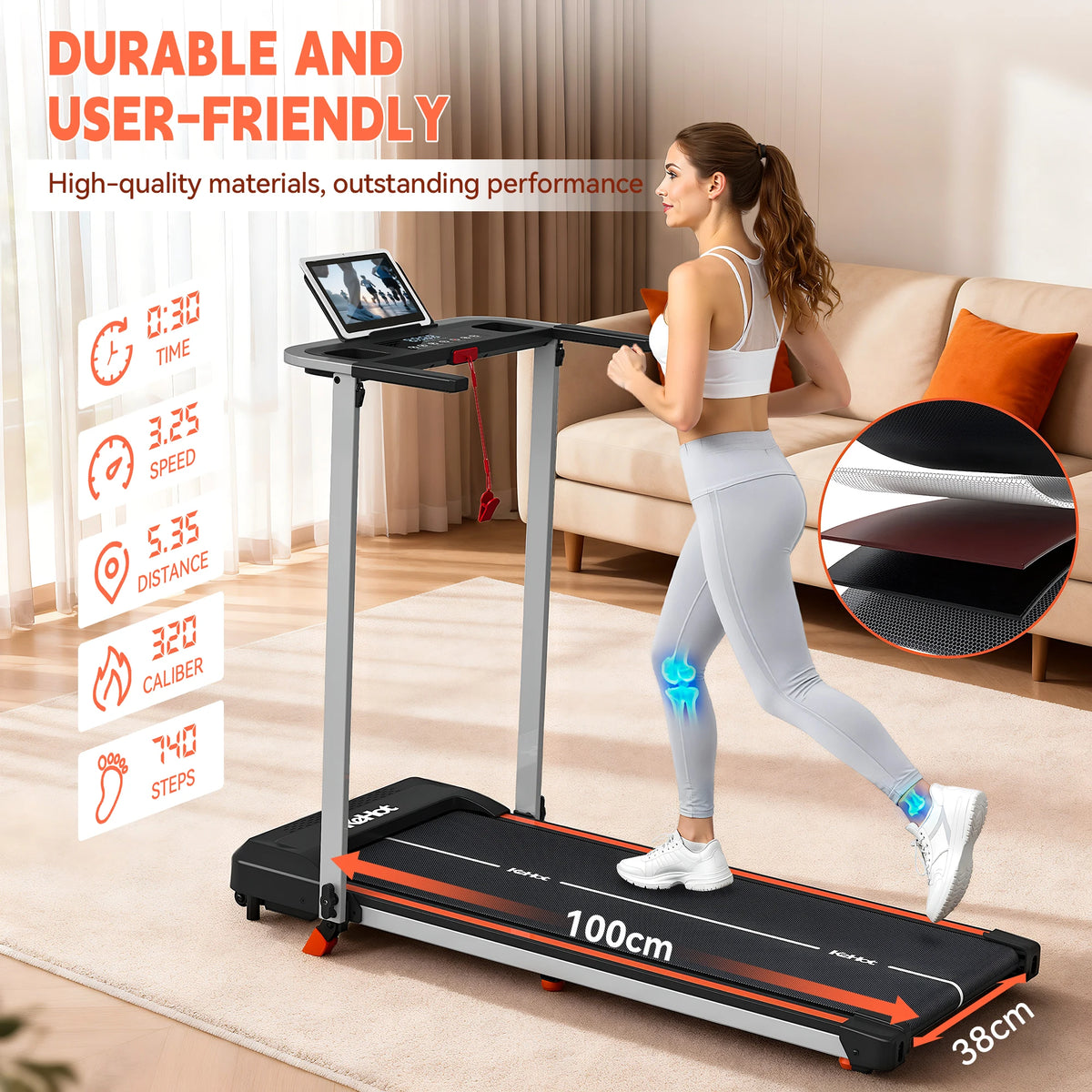 A woman jogs on a treadmill in a living room, with overlaid text and product features.