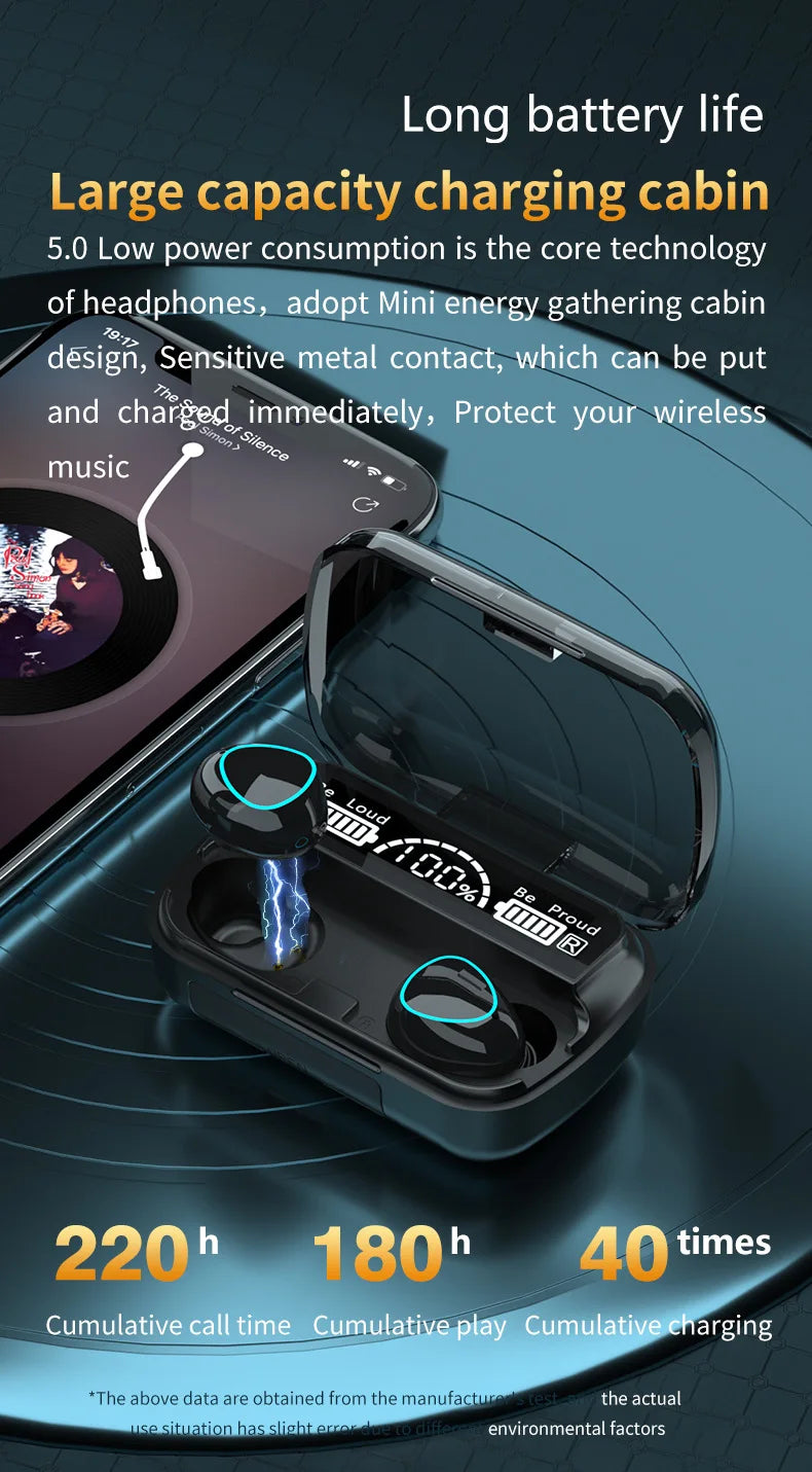 Black wireless earbuds in a charging case with a digital battery display, set against a dark blue background.