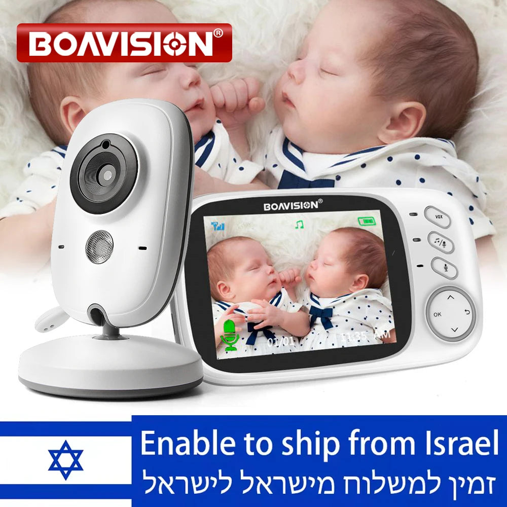 Boavision baby monitor camera and parent unit showing sleeping babies, with "Enable to ship from Israel" text.