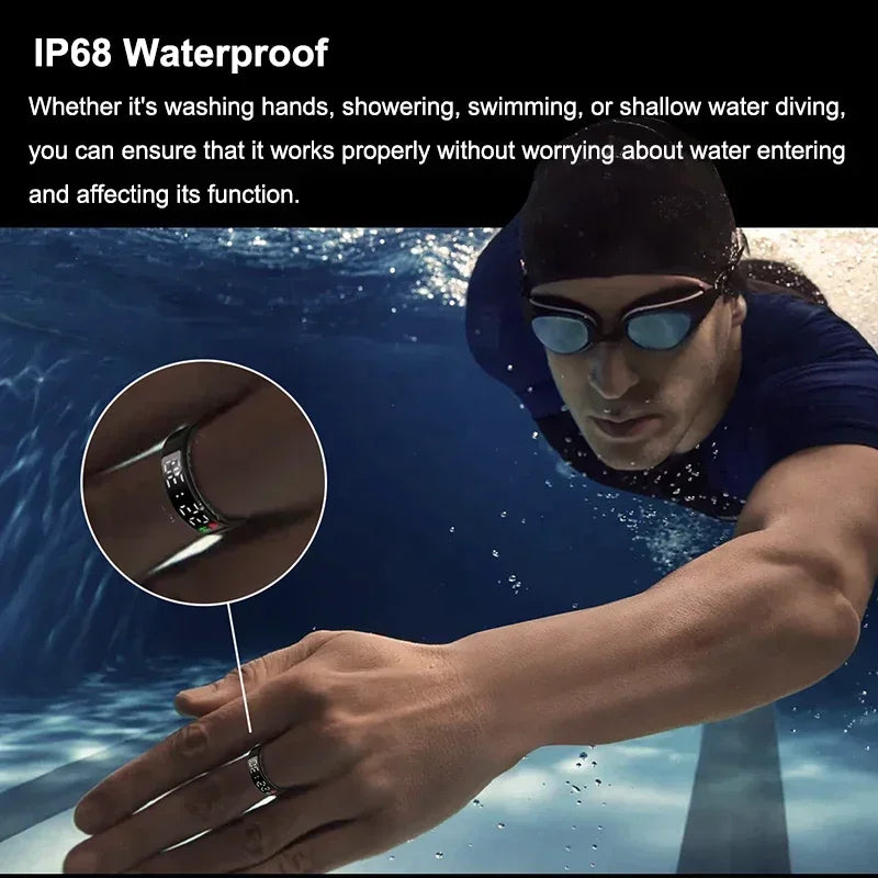 Sleek black IP68 waterproof smart health ring with digital display, worn by a swimmer underwater.