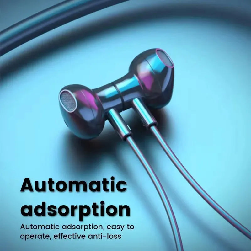Glossy, metallic-finish wireless neckband earphones with magnetic earbud tips against a soft blue background.