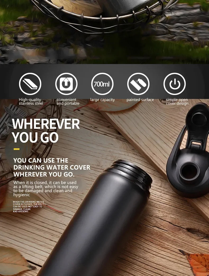 Black 700ml stainless steel water bottle with a flip-top lid, shown on a wooden table with feature icons.