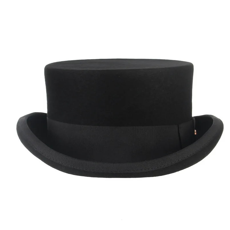 Classic black wool top hat with a flat top, curved brim, and matching ribbon band.
