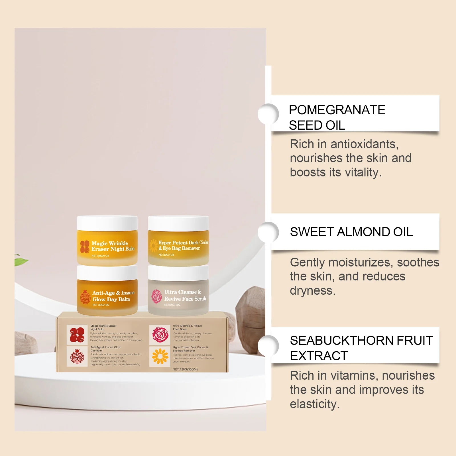 Four skincare jars and a box set on a white platform, listing pomegranate, almond oil, and seabuckthorn benefits.