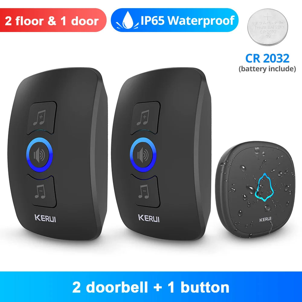 Black plastic KERUI wireless doorbell set with two receivers and one waterproof push button, includes CR2032 battery.