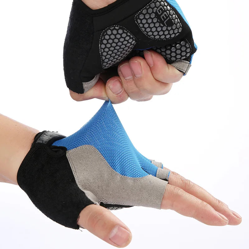 Blue and black fingerless gym gloves with grey panels, featuring textured gel palm padding for extra grip.