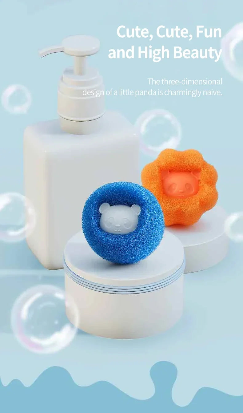 Blue and orange circular bath sponges featuring cute 3D panda faces, next to a white soap dispenser.