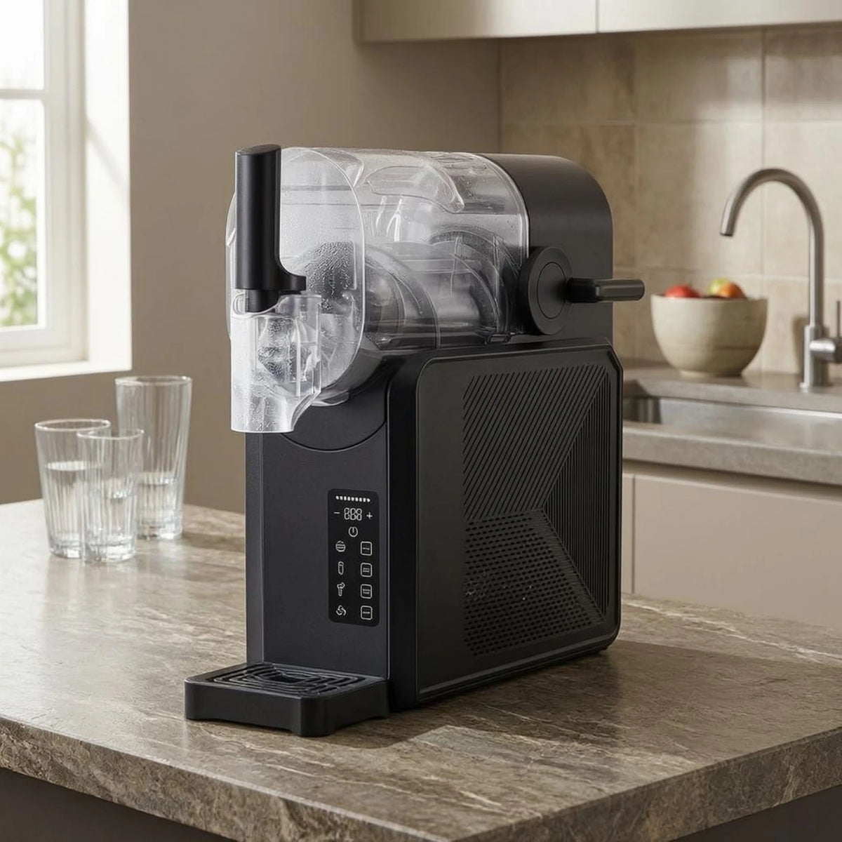 Black countertop slush machine with a clear tank, dispensing tap, and digital control panel on a kitchen counter.