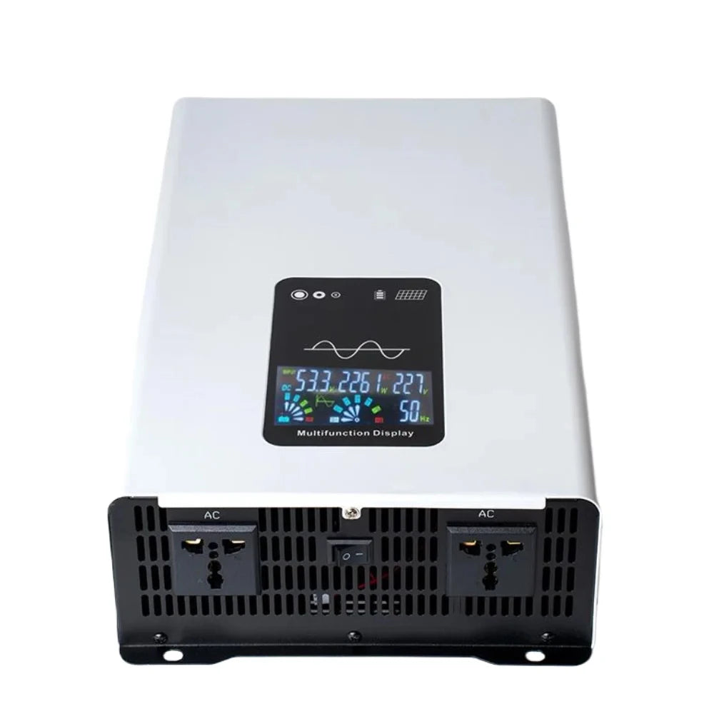 White pure sine wave power inverter with a digital multifunction display and two black AC sockets.