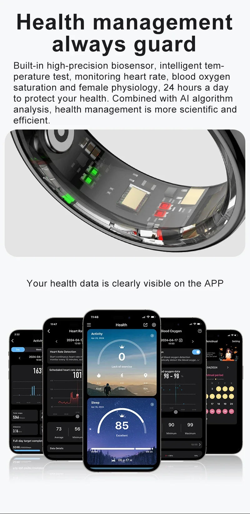 Sleek black smart health ring showing internal biosensors, paired with mobile app screenshots displaying health data.