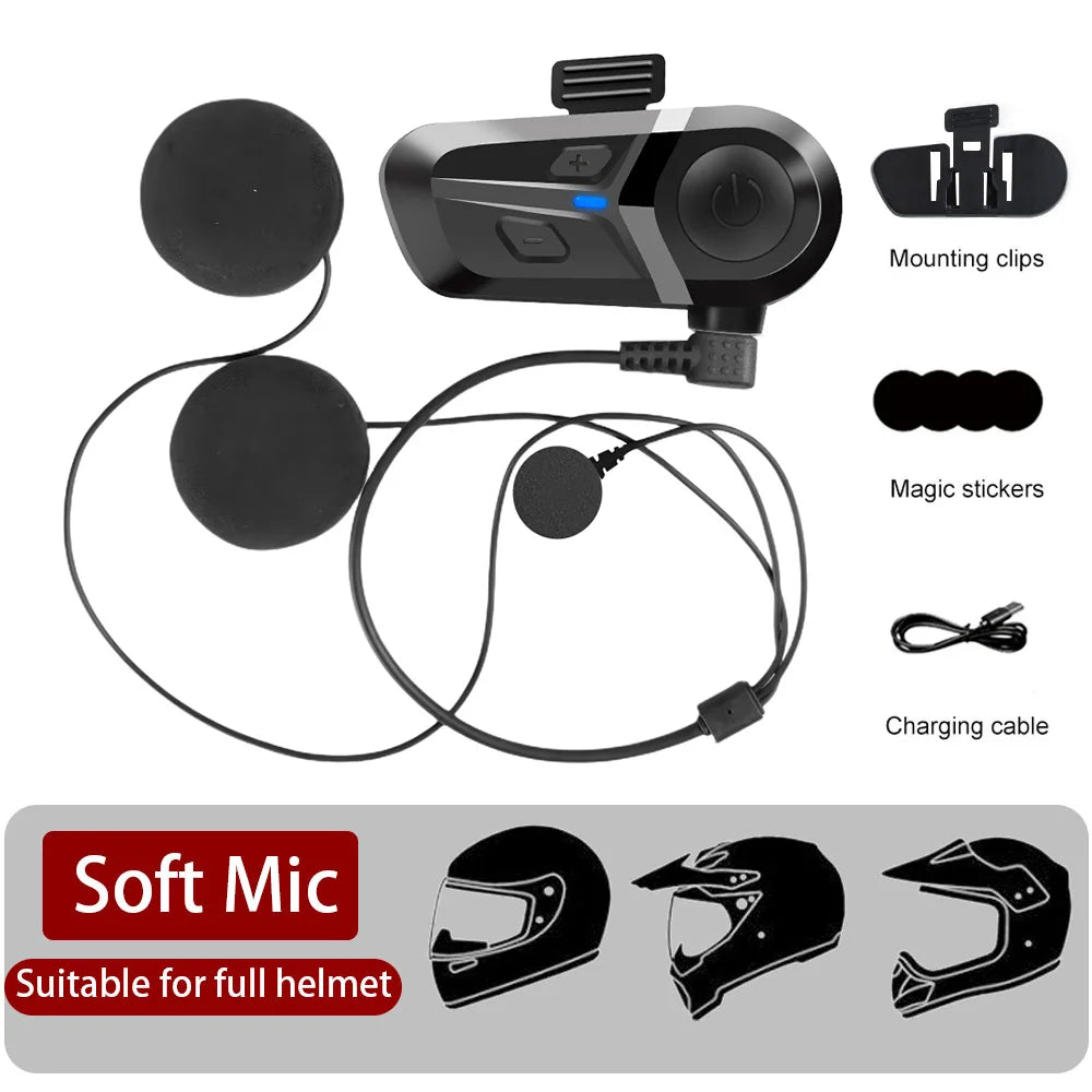 Black Bluetooth motorcycle headset with speakers, soft mic, mounting clips, adhesive stickers and charging cable.